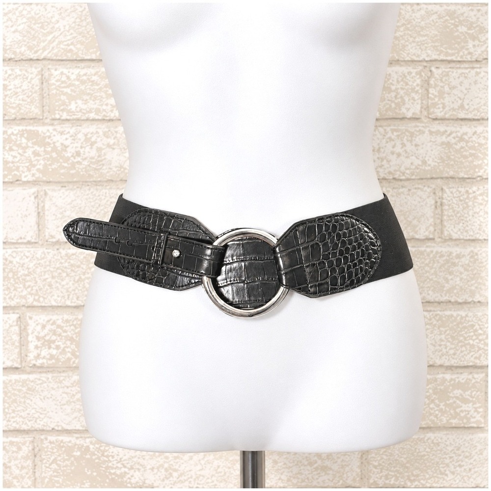 Lauren Ralph Lauren Womens Faux Croc Elastic Cinch Belt L Black O Ring Y2K